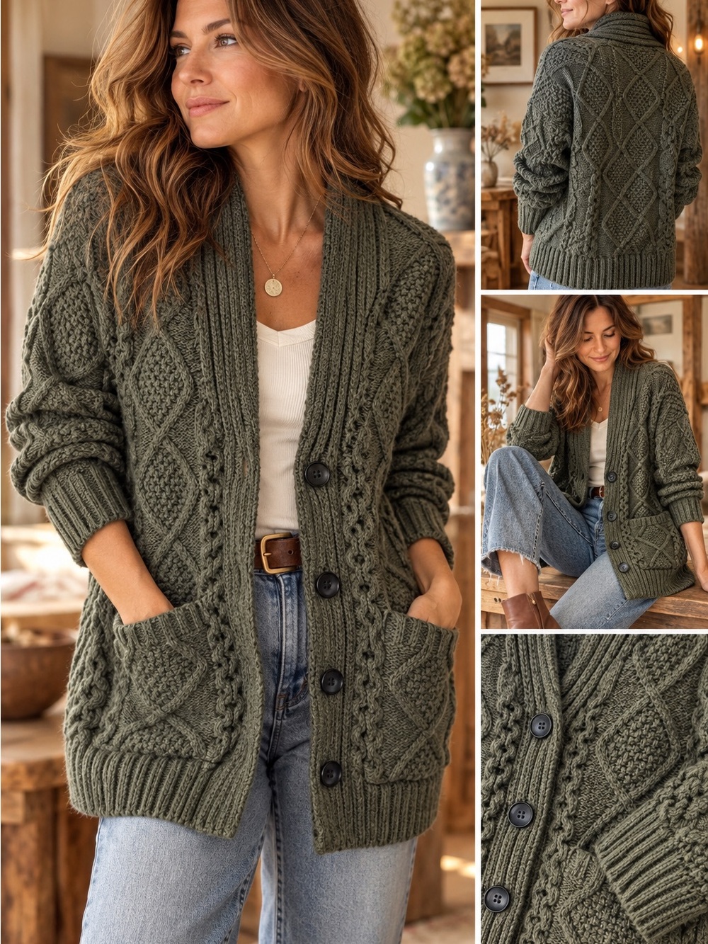 Botvela Chunky Cable Knit Wool Blend Shawl Collar Cardigan Olive Green Large